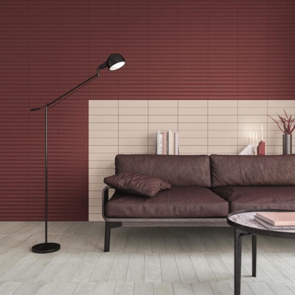 Stripes Garnet Decor Tile and Stripes Garnet Transition Tile and Stripes Dove Plain Tile