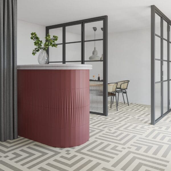 Stripes Garnet Plain Tile, Solid XS Chalk Tile and Solid XS Ash Tile