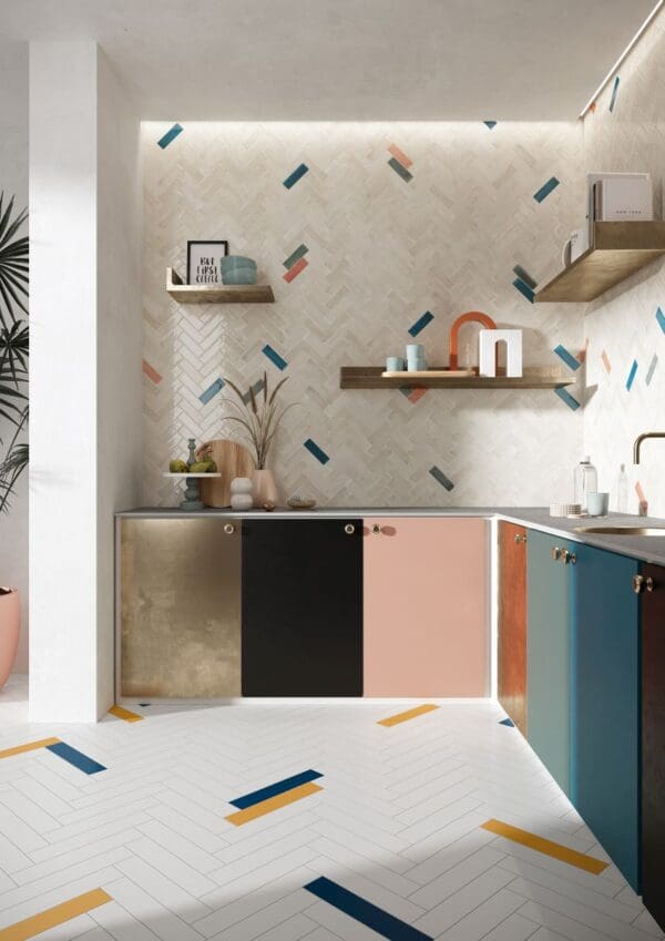 T Brick Seashell, Navy, Apricot and Petroleum Tile