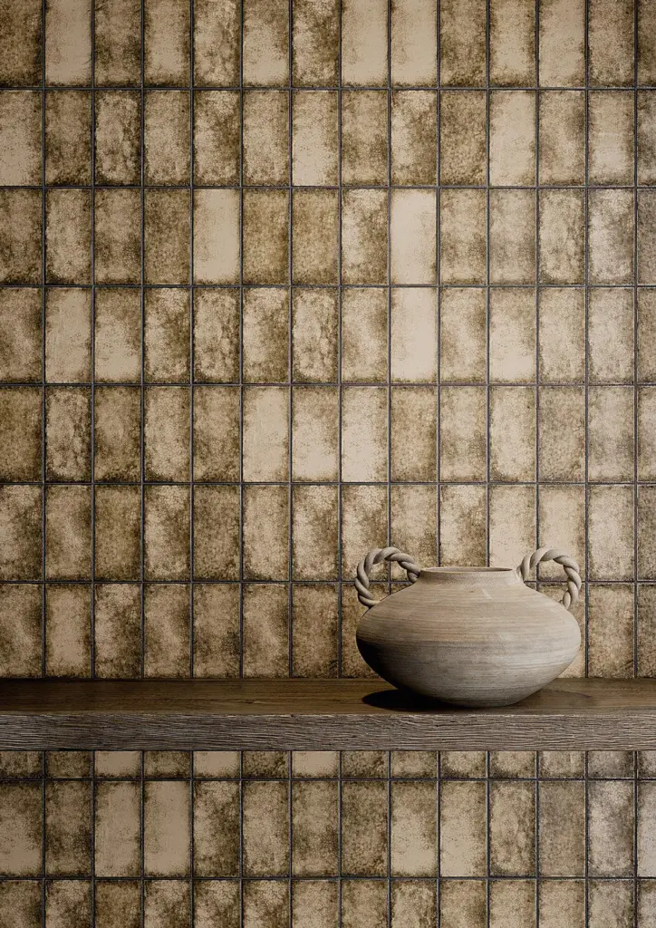 Berlese tiles: an Arida wall behind a shelf, close up