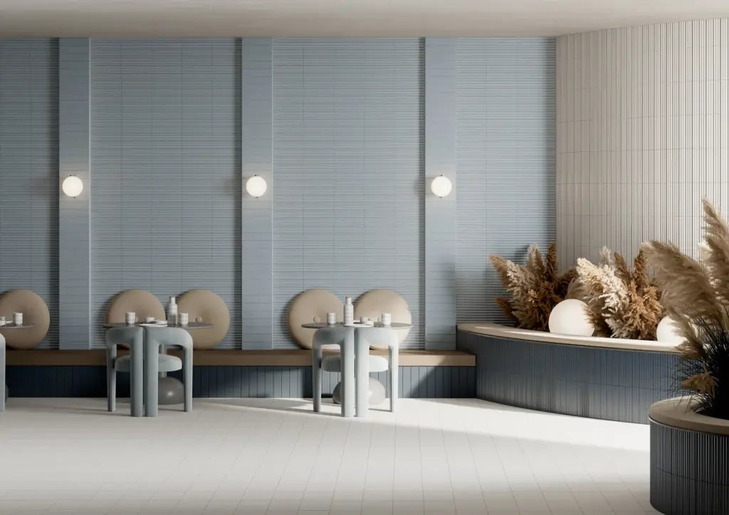 Pieralunga tiles: a restaurant banquette with Sky walls
