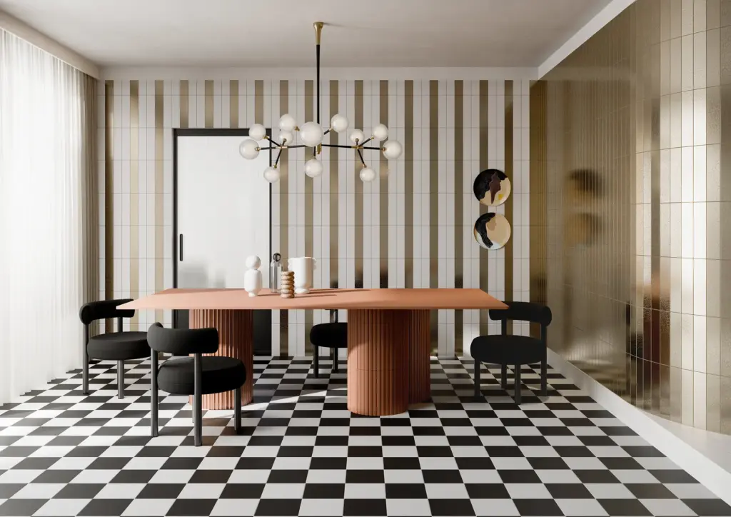 Pieralunga tiles: a dining room in alternating Gold and White stripes
