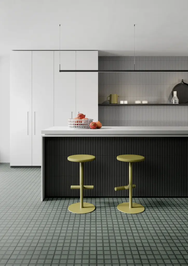Pieralunga tiles: a kitchen with a Black island front and White walls