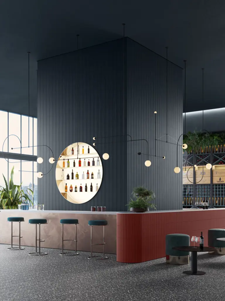 Pieralunga tiles: a bar with Ocean walls and a Rosso bar front