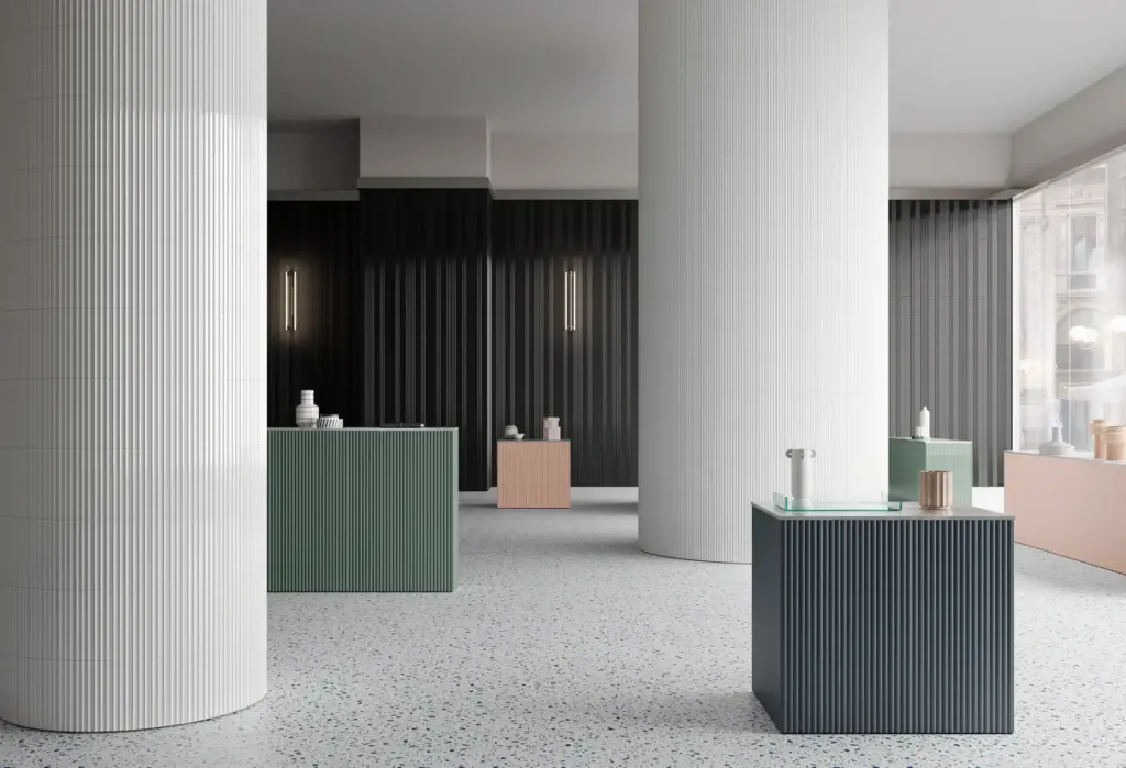 Pieralunga tiles: a shop with White columns and Ocean and Sage counters