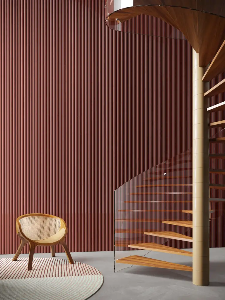 Pieralunga tiles: Rosso walls around a spiral staircase