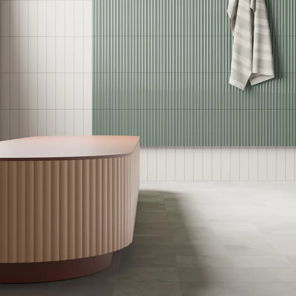 Pieralunga tiles: a bathroom with a Sage wall above White and a Pink bath panel