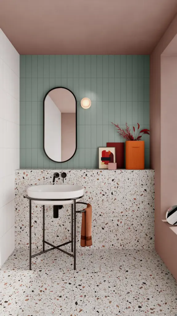 Pieralunga tiles: a washroom with a Sage wall and a White basin