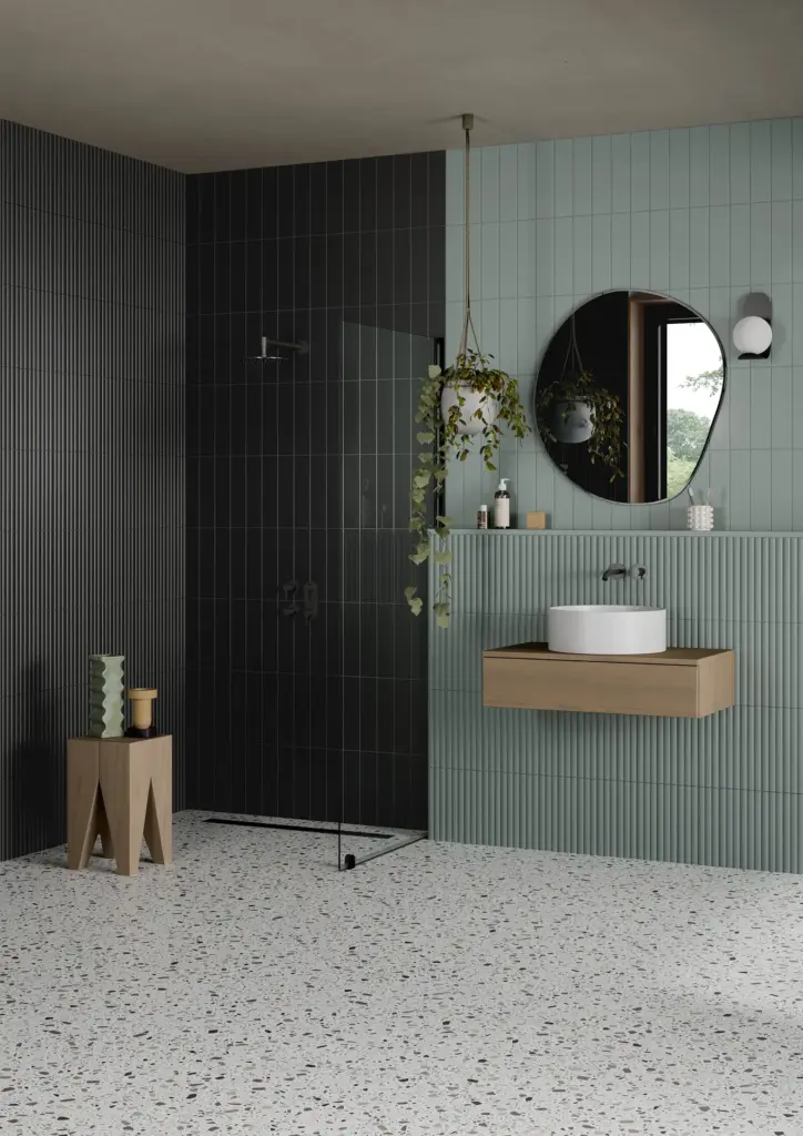 Pieralunga tiles: a bathroom with a Black shower wall and a Sage vanity wall