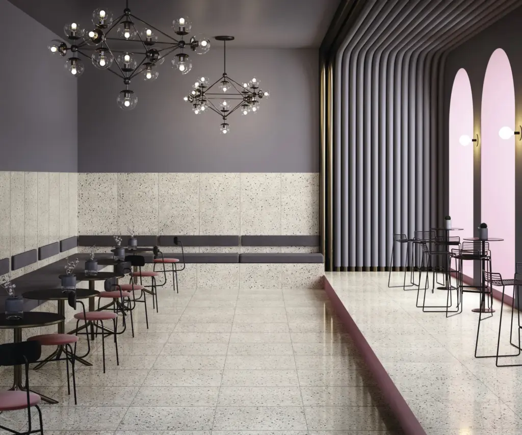 Rialto tiles: a café with Pink floor and wall tiles