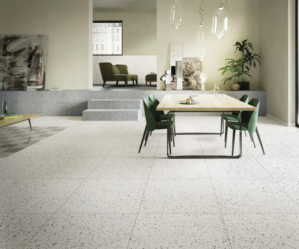 Rialto tiles: an open plan dining space with a Silver floor