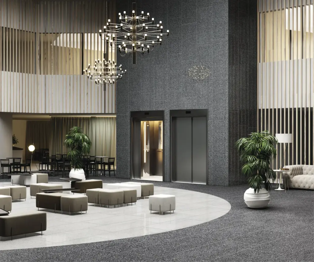 Rialto tiles: a hotel lobby with Graphite walls and floor