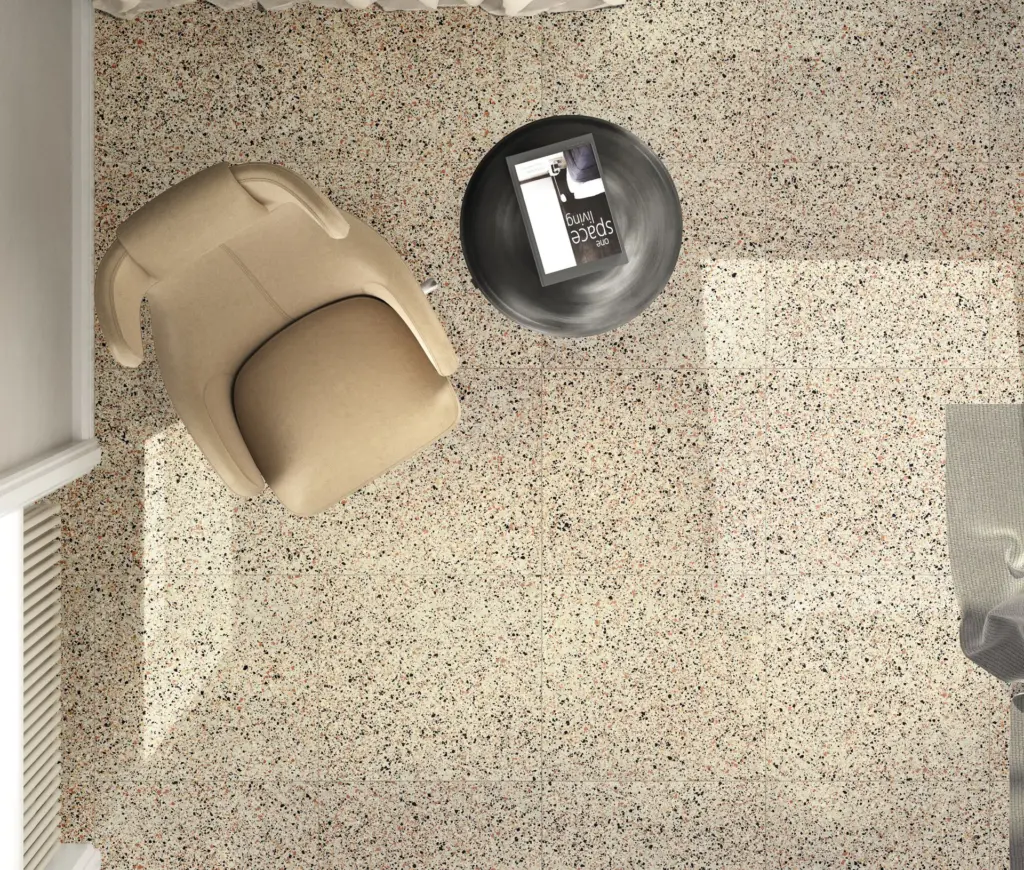 Rialto tiles: an Ivory floor from above, with an armchair and side table