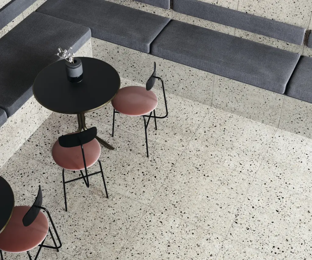 Rialto tiles: café tables on a Pink floor, from above
