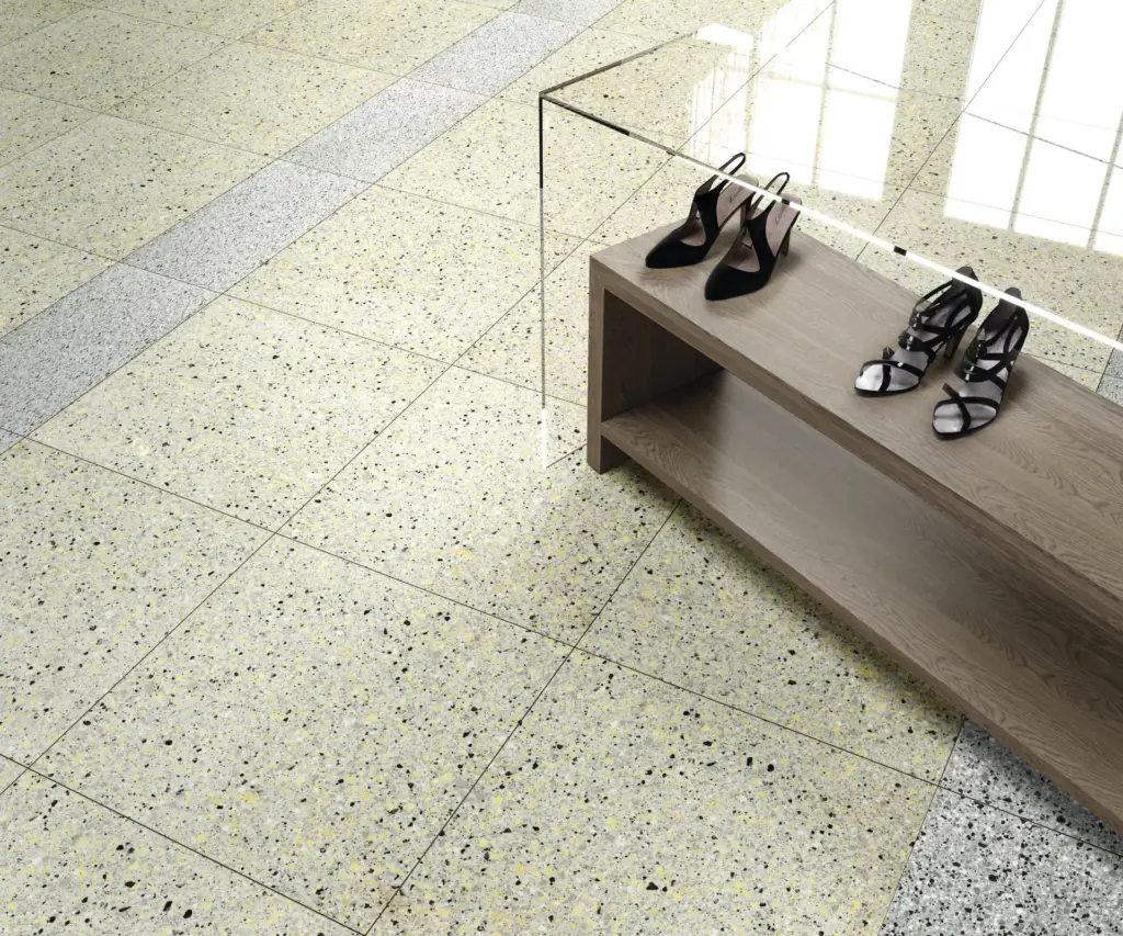 Rialto tiles: a Yellow floor with a Silver border, close up