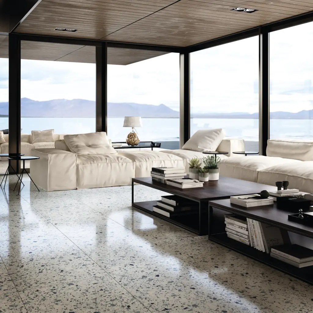 Venice tiles: a living room with a polished Blue floor and sea views
