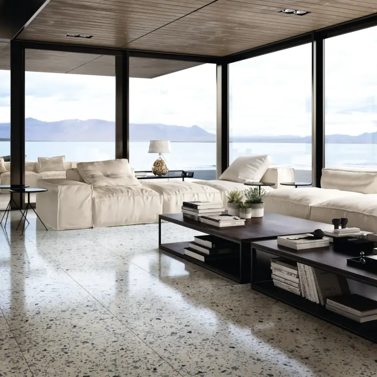 Venice tiles: a living room with a polished Blue floor and sea views