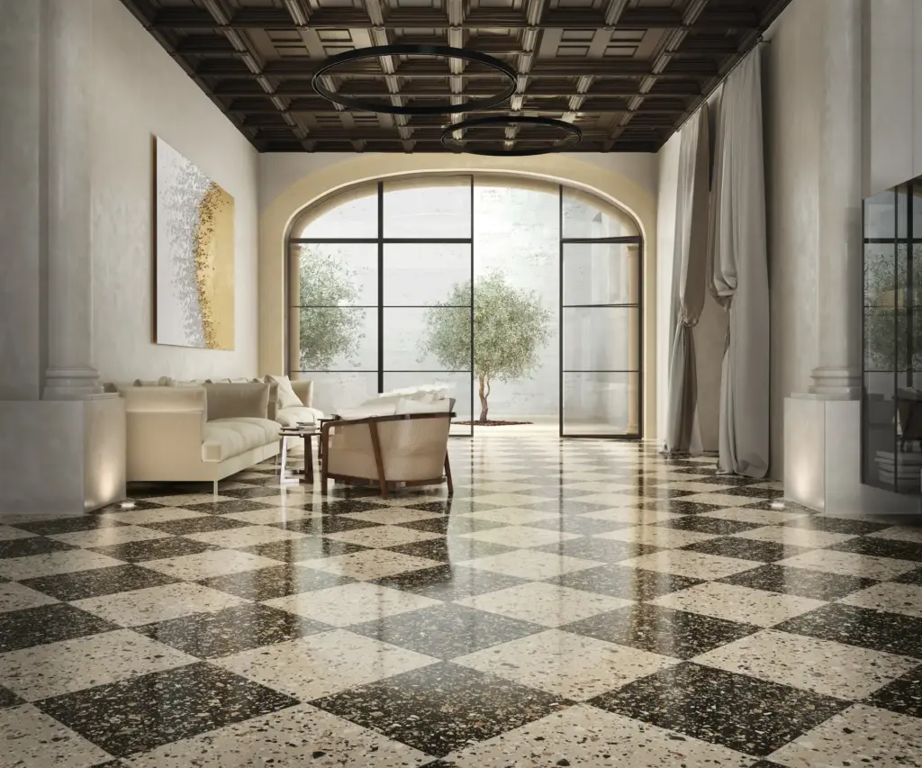 Venice tiles: a hallway with an Earth and Beige chequerboard floor