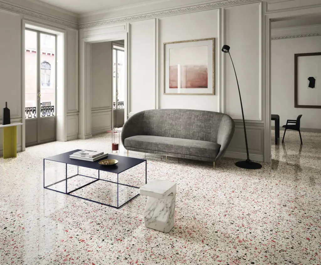 Venice tiles: a sitting room with a polished Coral floor
