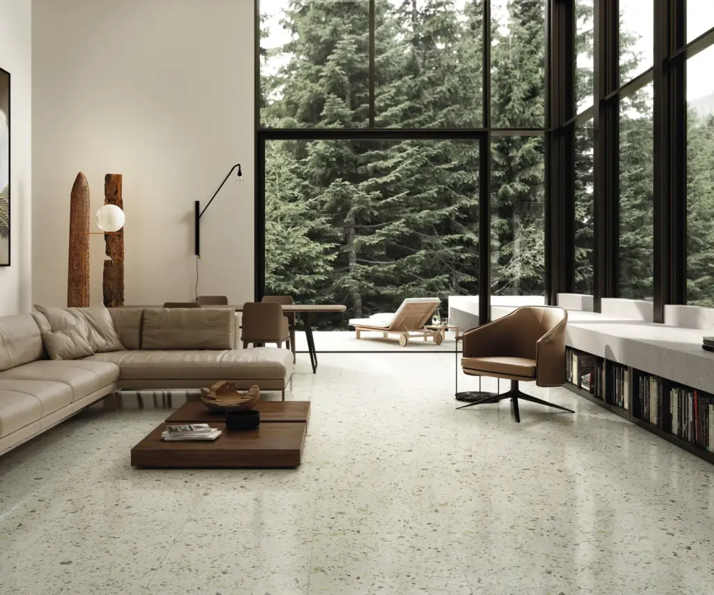 Venice tiles: an open plan living room with a Green floor