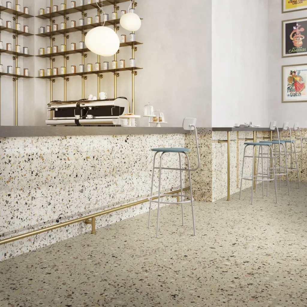 Venice tiles: a café bar with a Beige counter front and an Ivory floor
