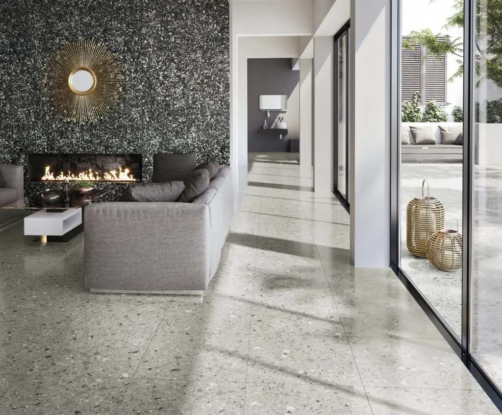 Venice tiles: a living room with a Graphite fireplace wall and a Grey floor