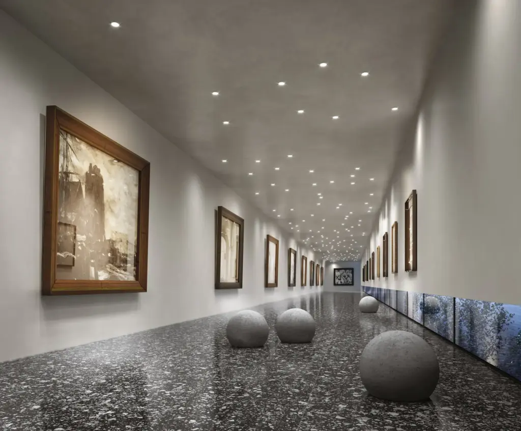Venice tiles: a gallery corridor with a polished Graphite floor