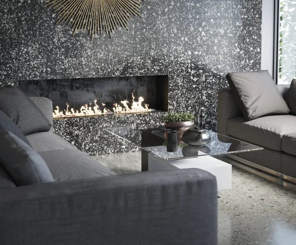 Venice tiles: a Graphite fireplace wall, close up